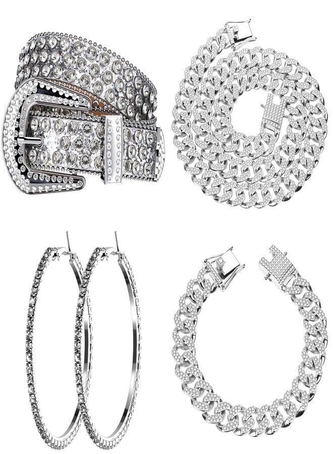 Tisancy 4 Pcs Women Rhinestone Jewelry Denim Accessories, Women's Rhinestone Bling Belt Shiny Hoop Earrings Necklace Bracelet(Silver) - Image 1